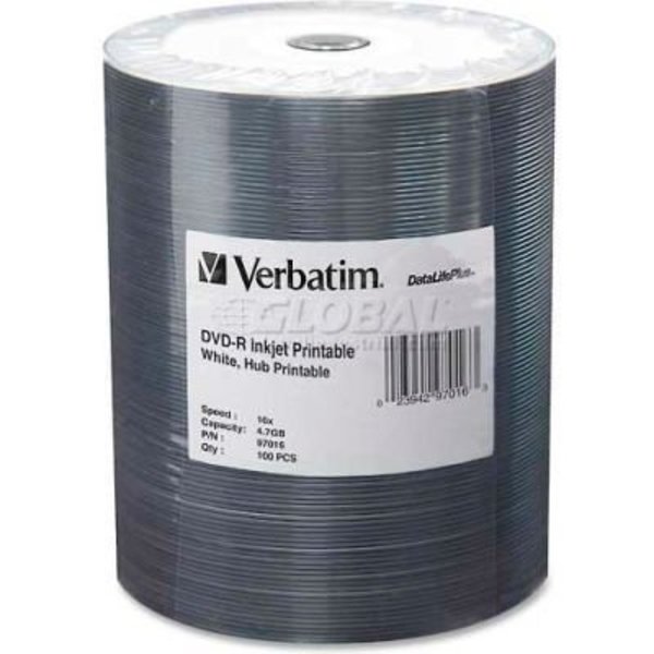 Verbatim Americas VerbatimÂ DVD-R, , 16X Speed, 4.7GB, Inkjet Printable, Wrapped, 100/Pk, White 97016